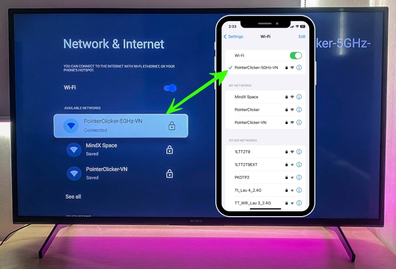 an iPhone and a Sony Google TV are connected to the same Wi-Fi network