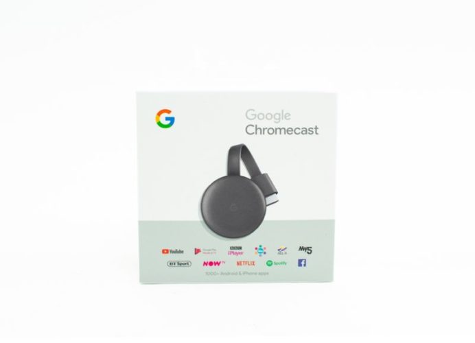 box of Google Chromecast with streaming apps