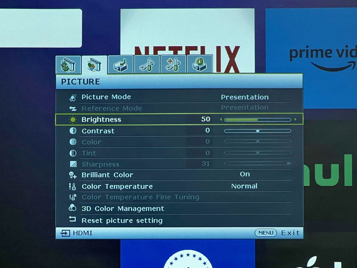 brightness settings on a benq projector