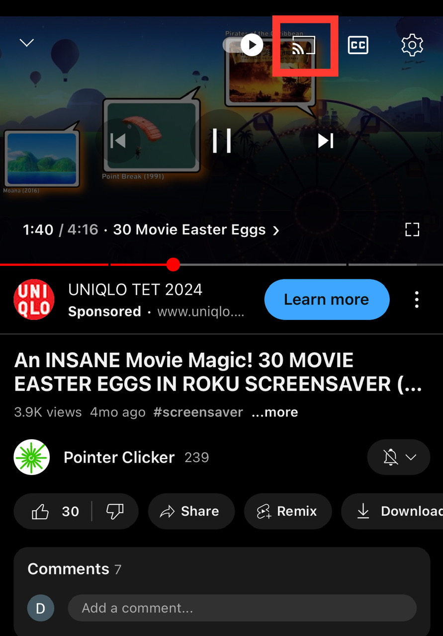 chromecast icon is highlighted on an iphone's youtube app