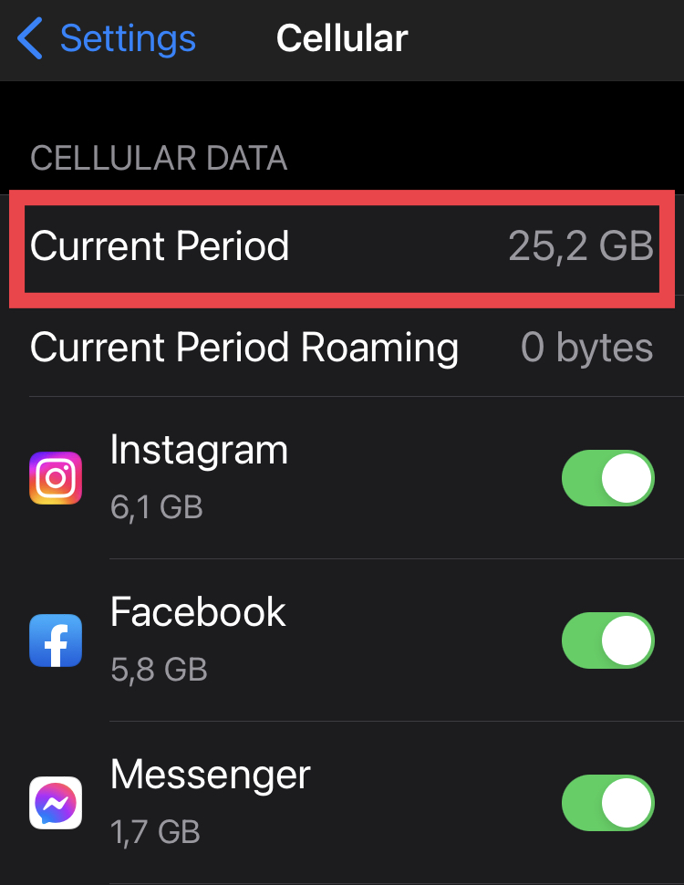 current period data usage is highlighted on an iphone settings