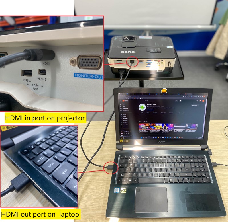 laptop connected to benQ projector via HDMI cable