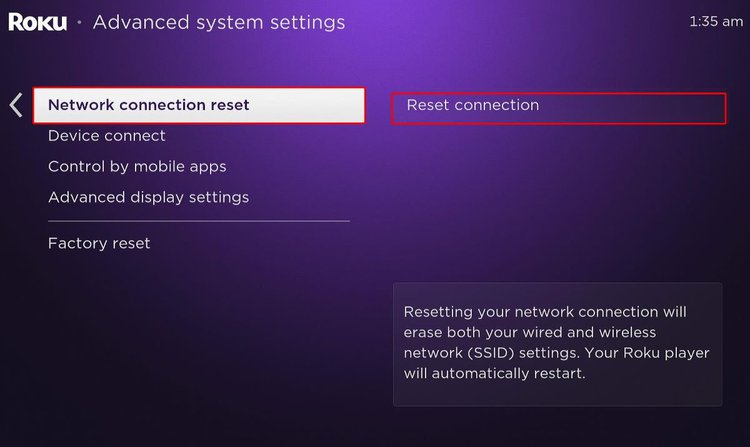 network connection reset and reset connection are highlighted on a roku settings