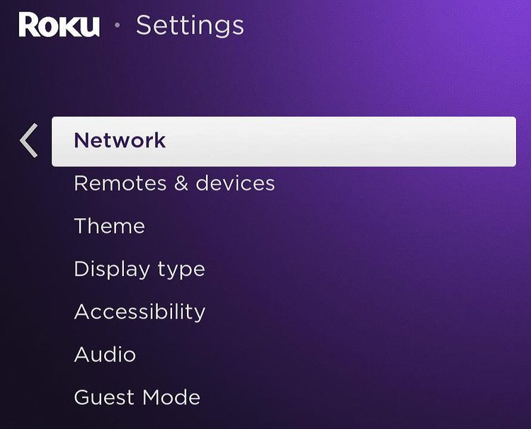 network option is highlighted in a roku settings