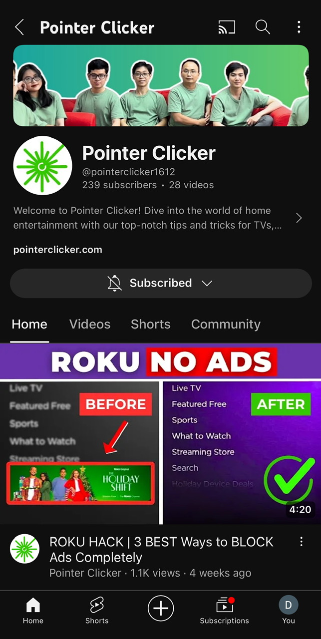pointer clicker channel appears on youtube app