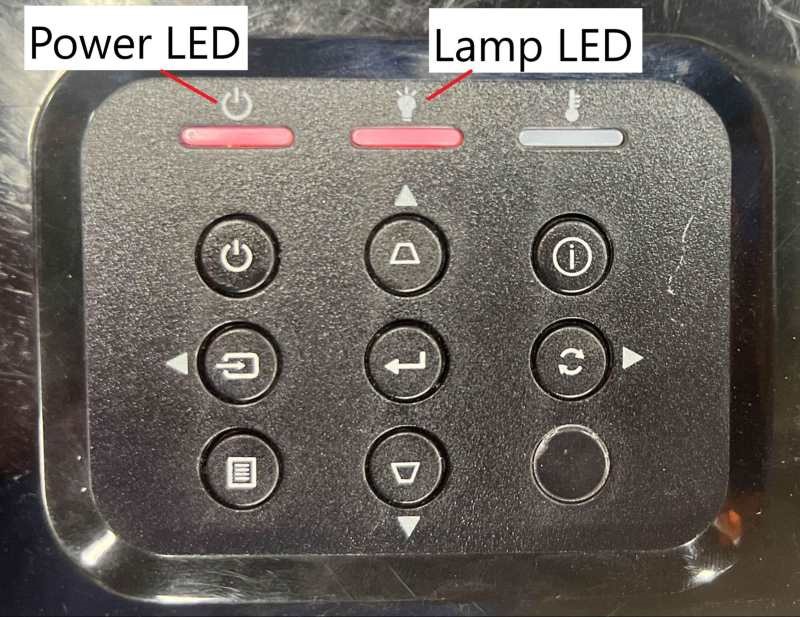 red flashing power and lamp LEDs on the Optoma projector control panel