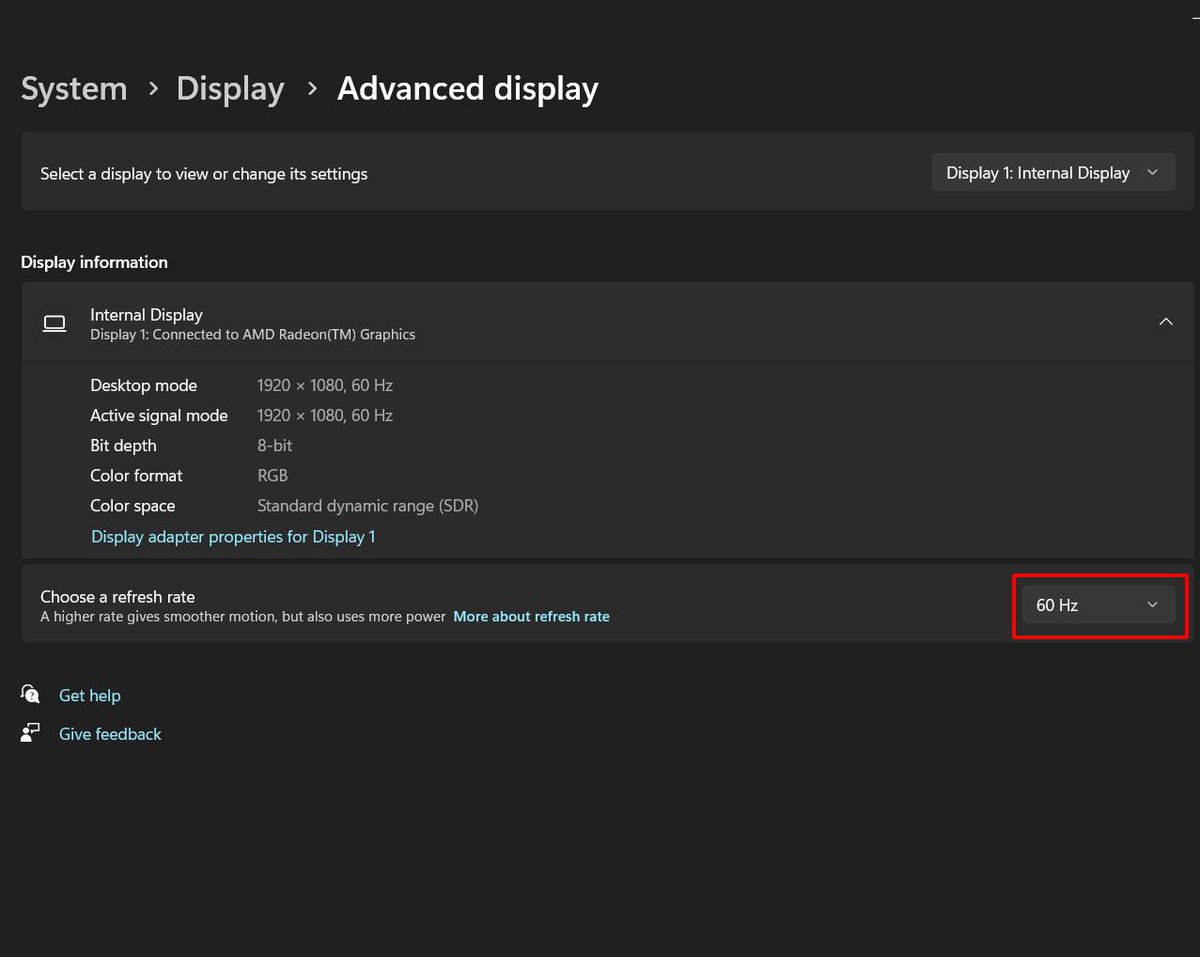 refresh rate settings in a win 11 laptop