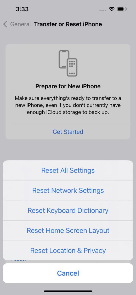 reset network settings option on an iphone is highlighted