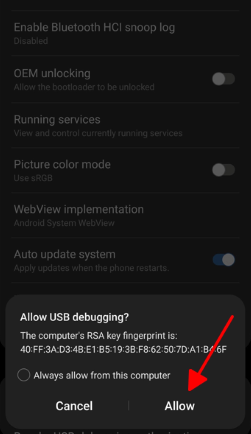 select Allow to allow USB debugging on Android phone