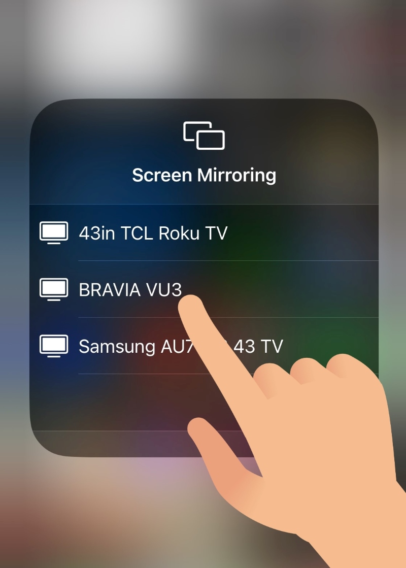select BRAVIA VU3 in the iPhone Screen Mirroring device list