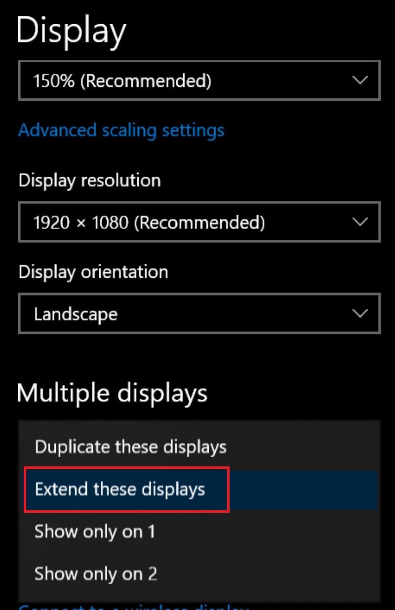 select Extend these displays option in Windows multiple displays settings
