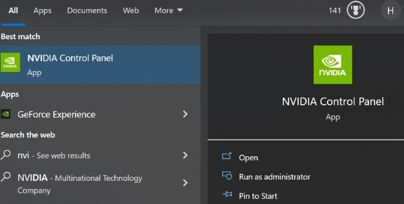 select NVIDIA Control Panel in the Windows search screen
