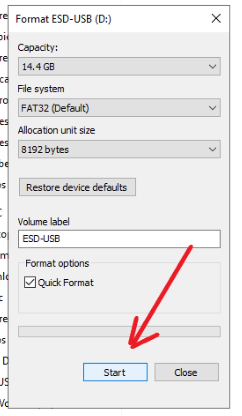 select Start in USB Drive format process