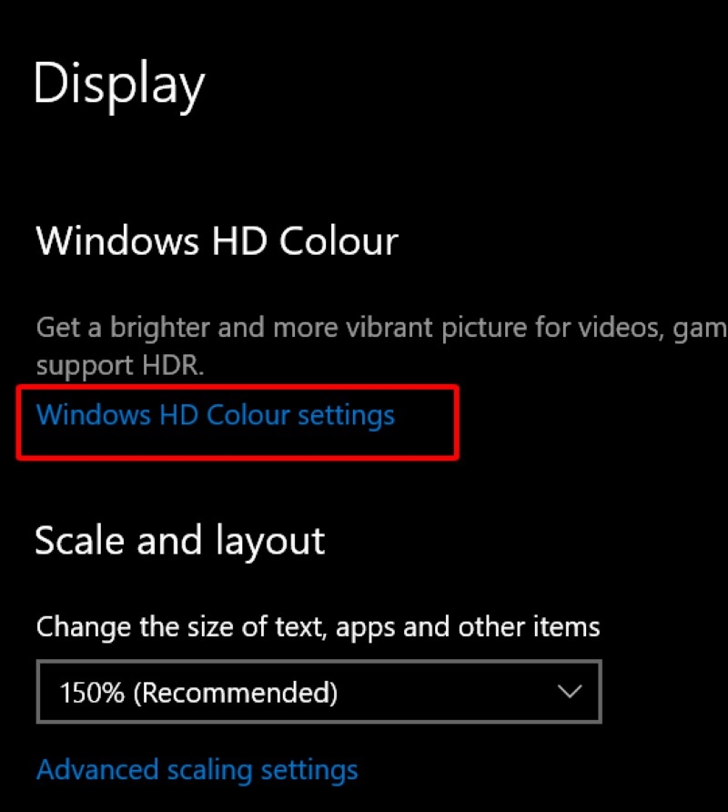 select Windows HD Colour settings