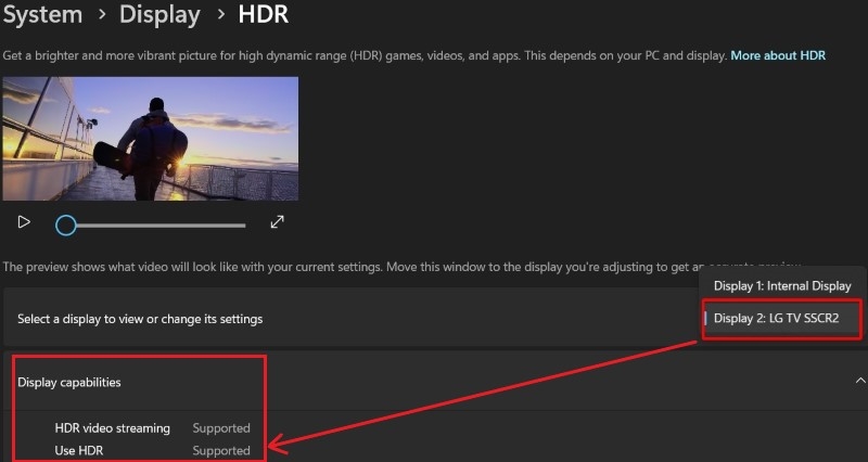 select an HDR-capable display in Windows 11 HDR settings