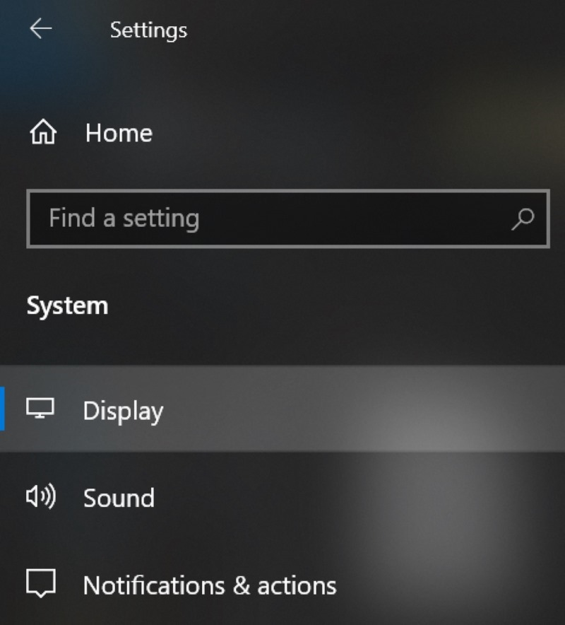 select the Display option in the Windows settings