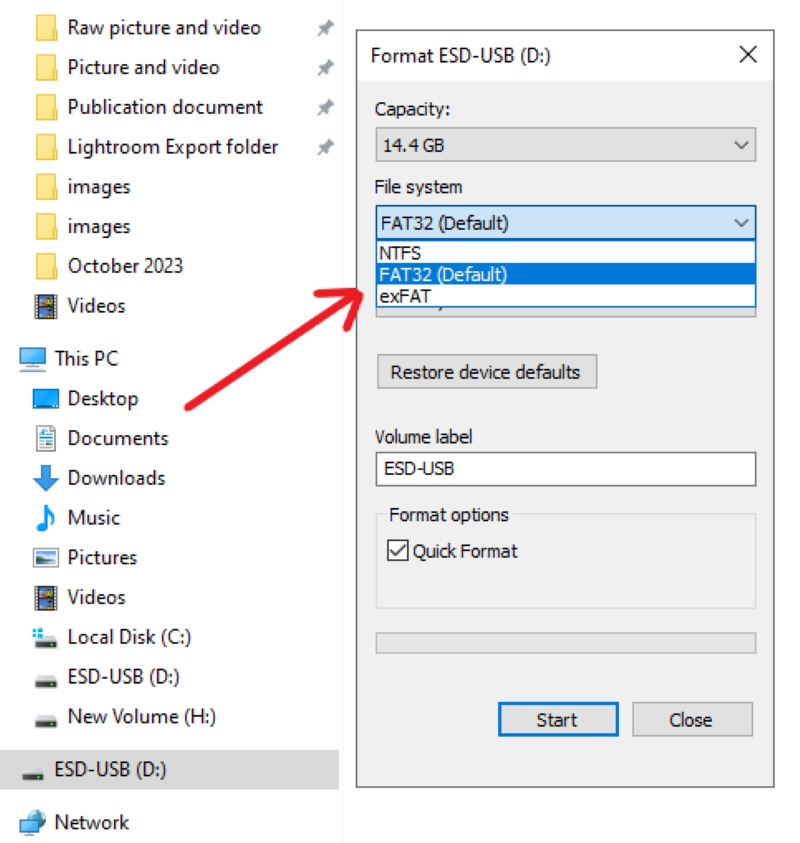 select the FAT32 option in the USB drive format setting on the PC