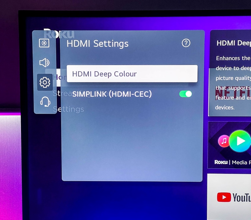 select the HDMI Deep Colour setting on the LG TV