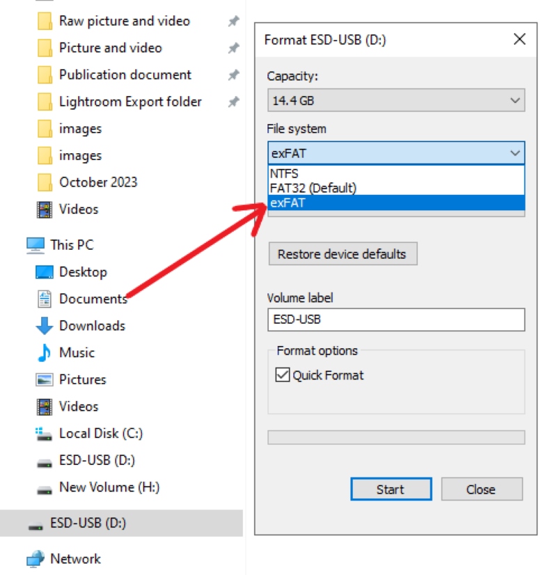 select the exFAT file system in the USB drive formatting window