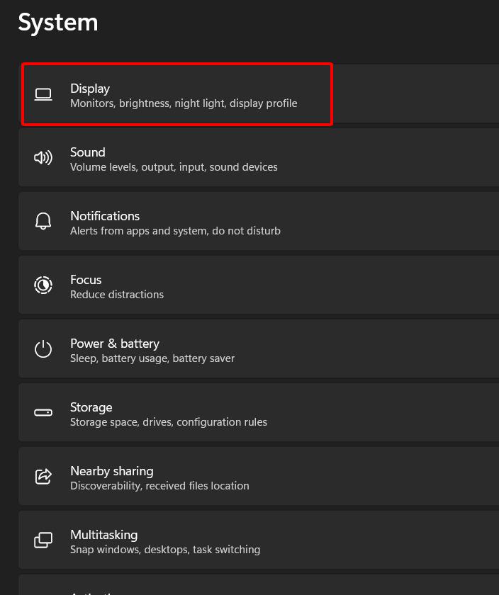system, display option is highlighted on a win 11 laptop