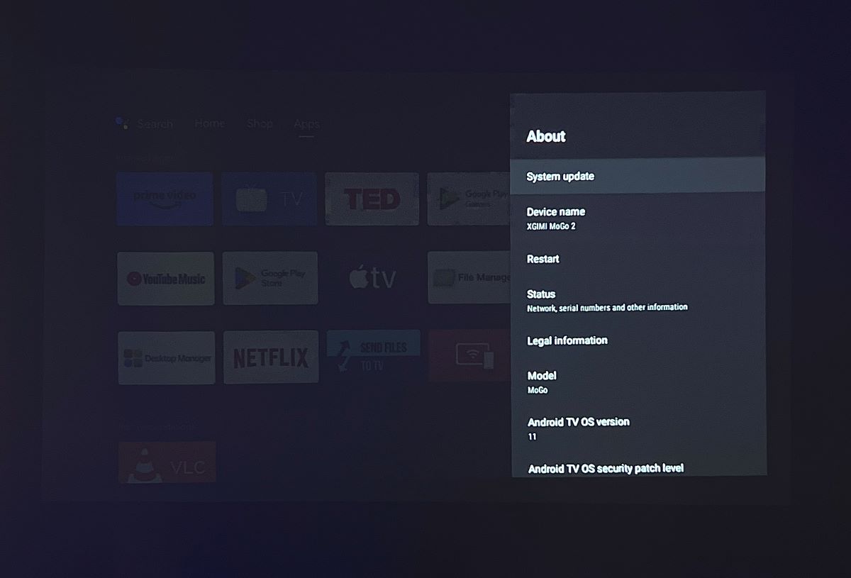 system update option is highlighted on an xgimi projector