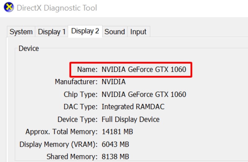 the NVIDIA GeForce GTX 1060 graphics card information in Dxdiag tool
