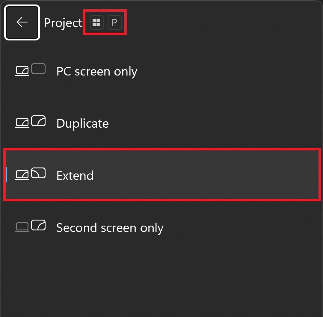 the Project feature on Windows computer with the Extend option is highlighted in a red box