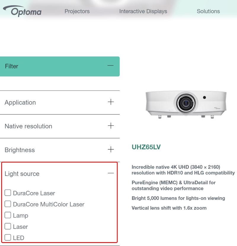 the light source types of Optoma projectors