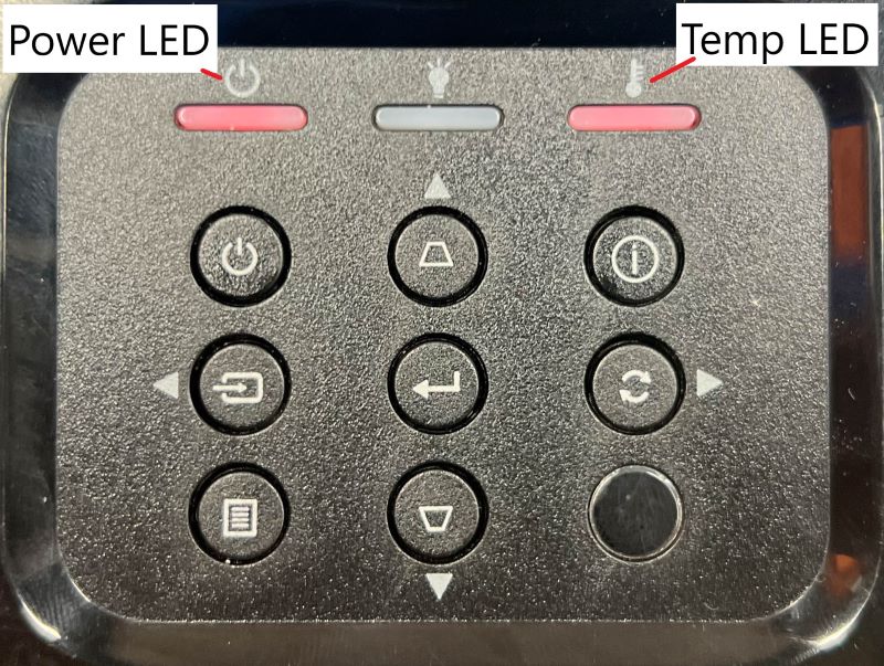 the red flashing power and temperature LEDs on the Optoma projector control panel