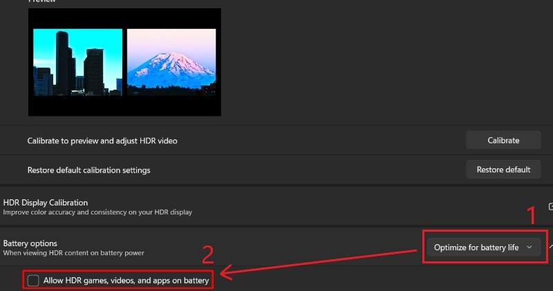 tick Allow HDR games and apps in battery mode in Windows 11 HDR settings