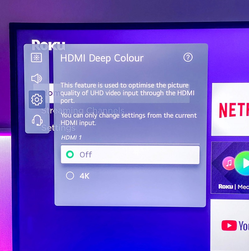 turn off the HDMI Deep Colour setting on the LG TV