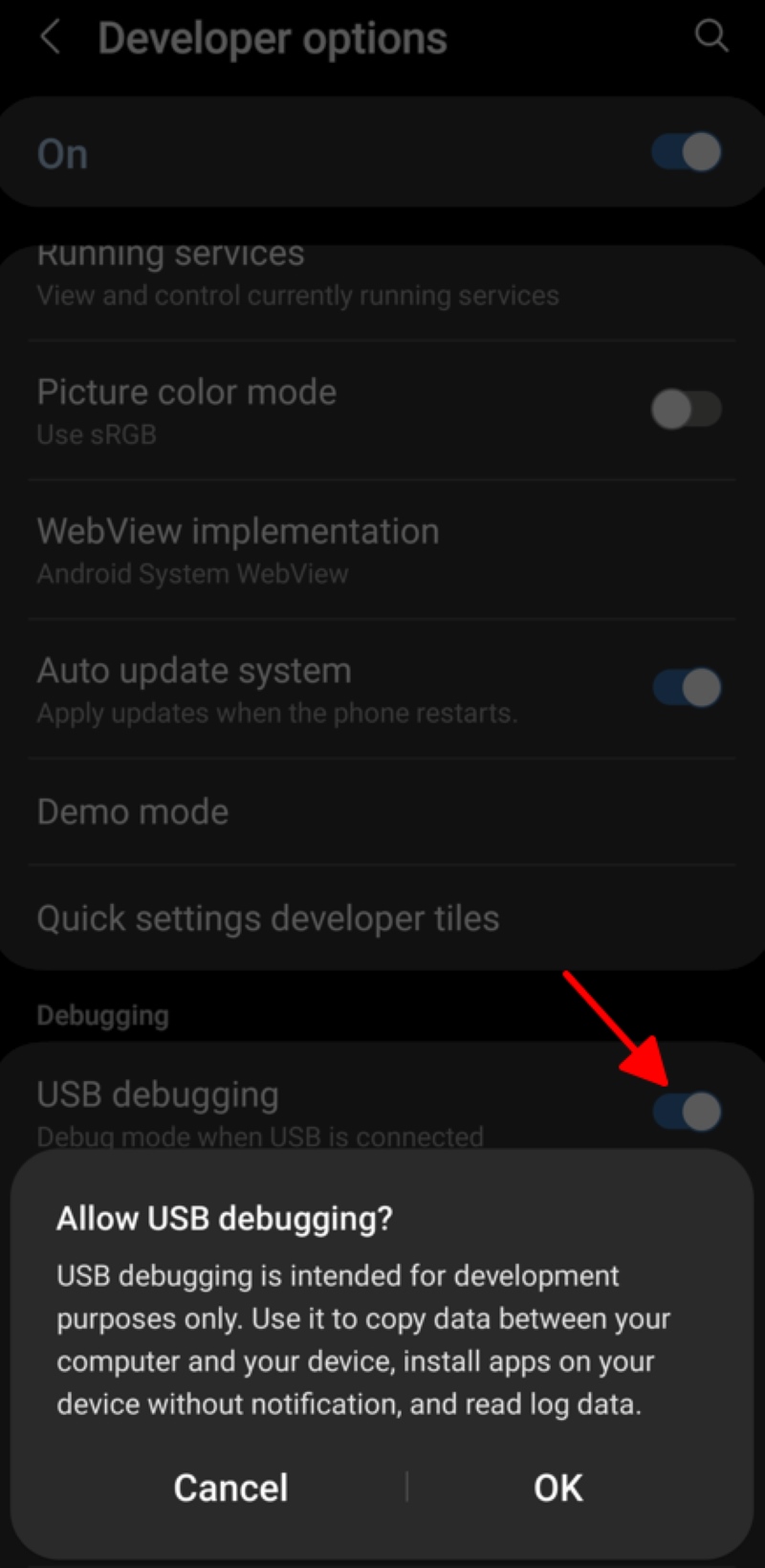 turn on the USB debugging on the Android phone