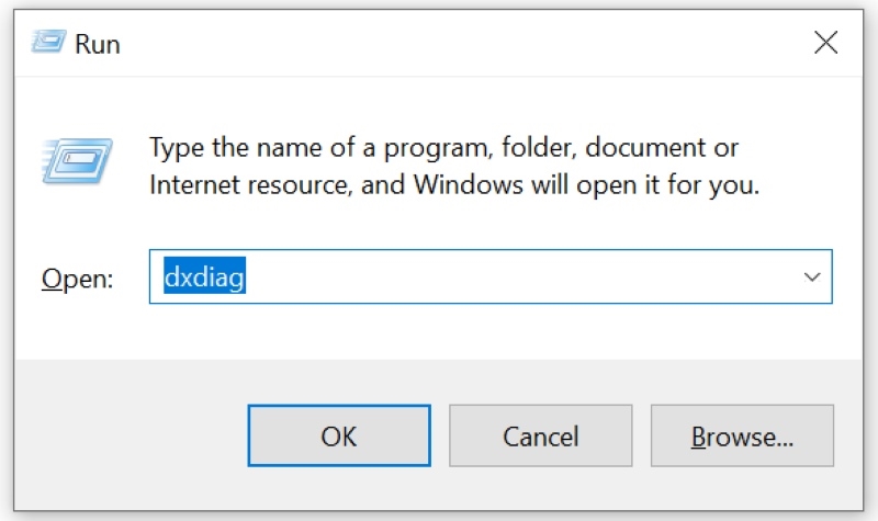 type dxdiag in the Run tool of Windows laptop