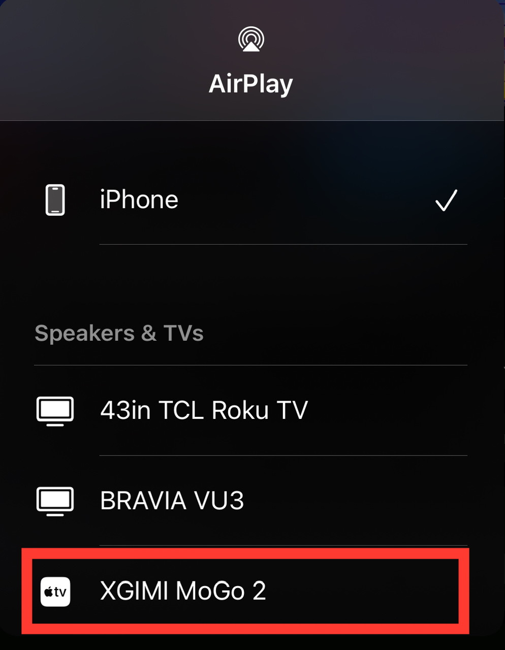 xgimi mogo 2 is highlighted on the airplay list