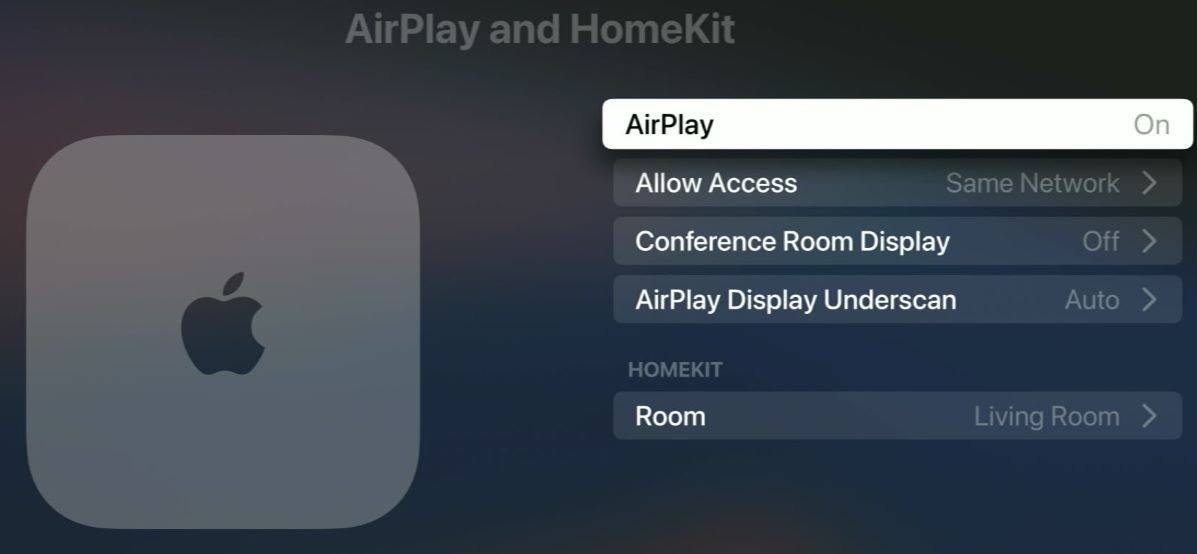 AirPlay feature is On from the Apple TV Box