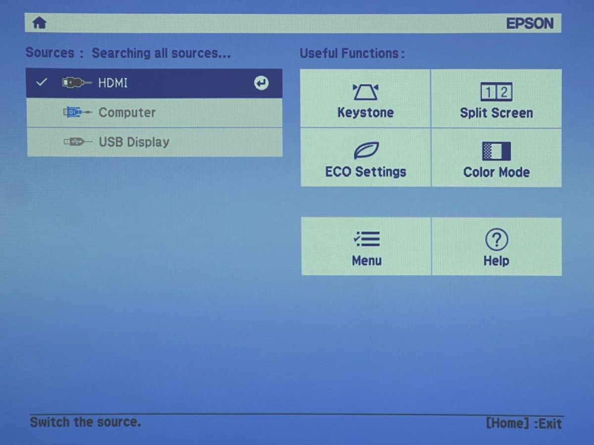 Epson Home menu and the HDMI source is being selected