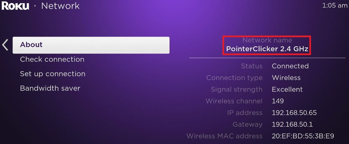 The Roku Express 4K is connected to PointerClicker 2.4GHz network