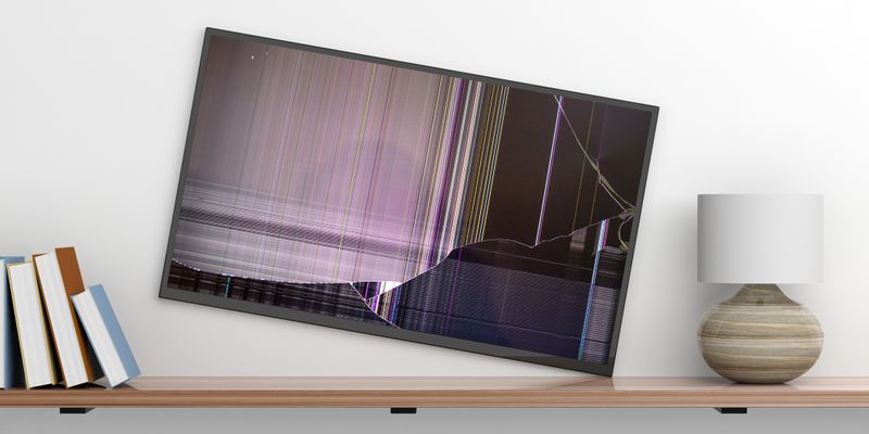 a broken TV in a living room