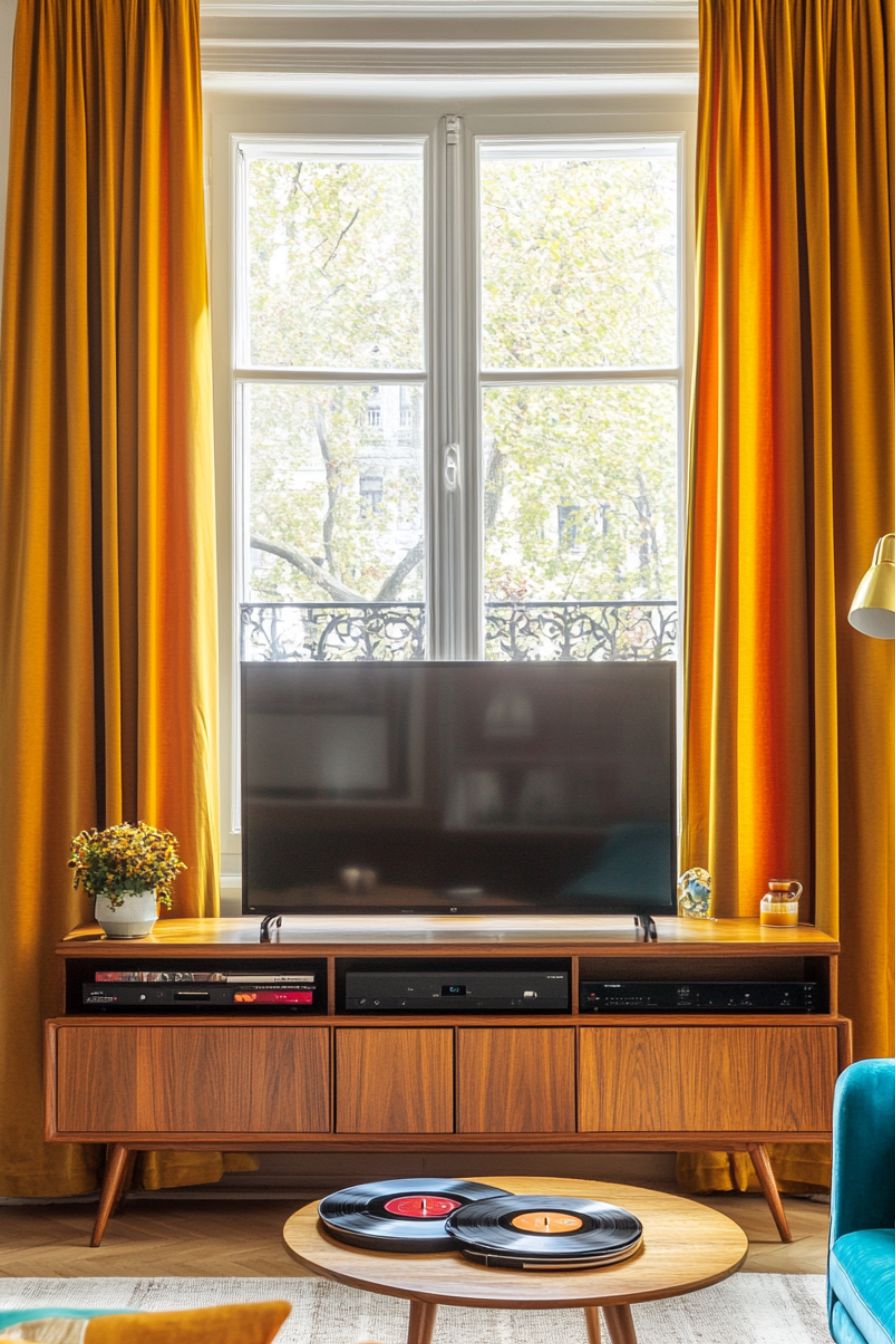 a tv is placed in front of window