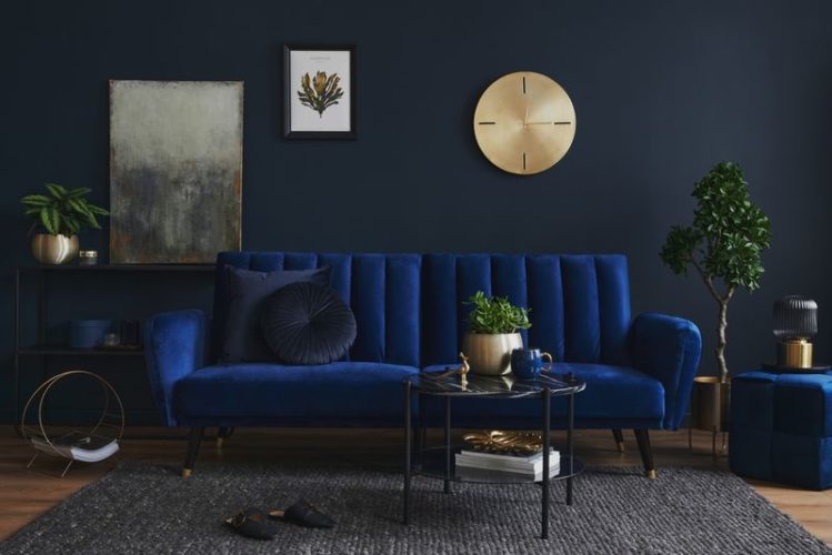 modern living room with dark gray carpet