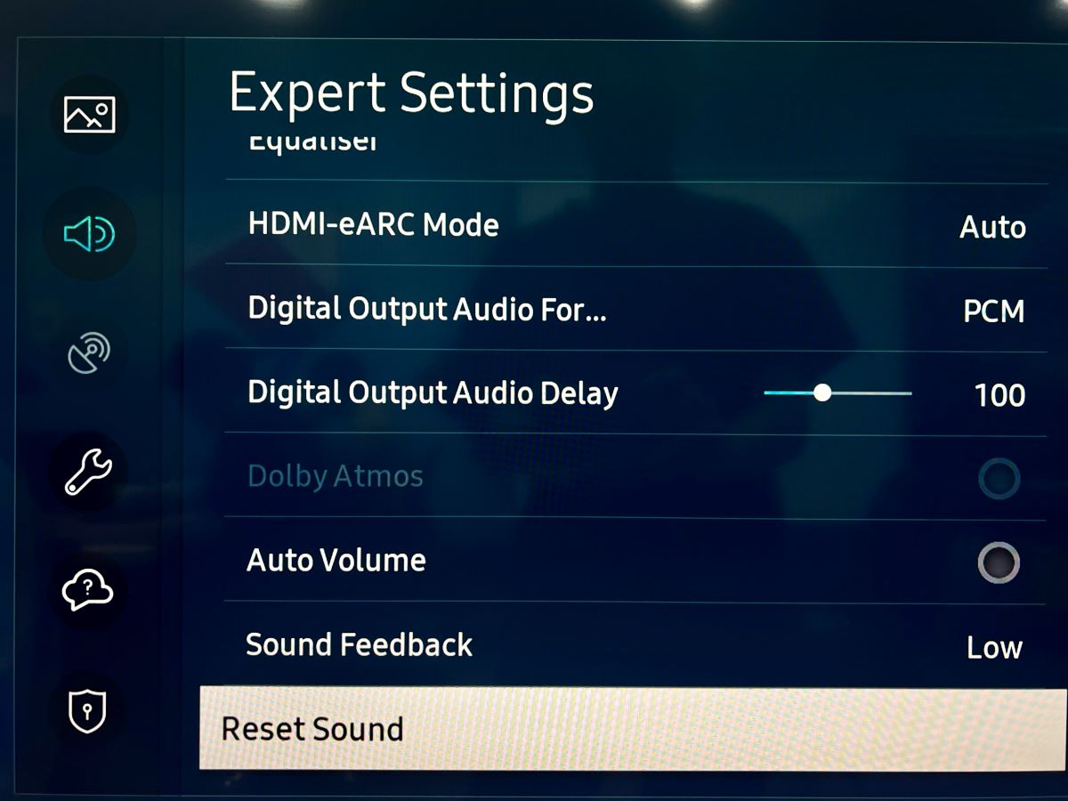 reset sound option is highlighted on a samsung tv