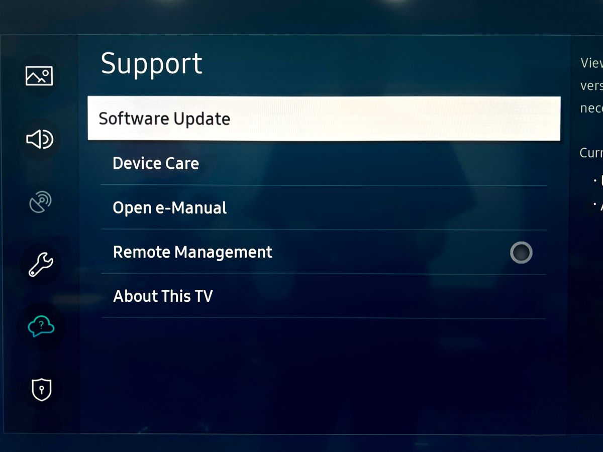 software update option is highlighted on a samsung tv