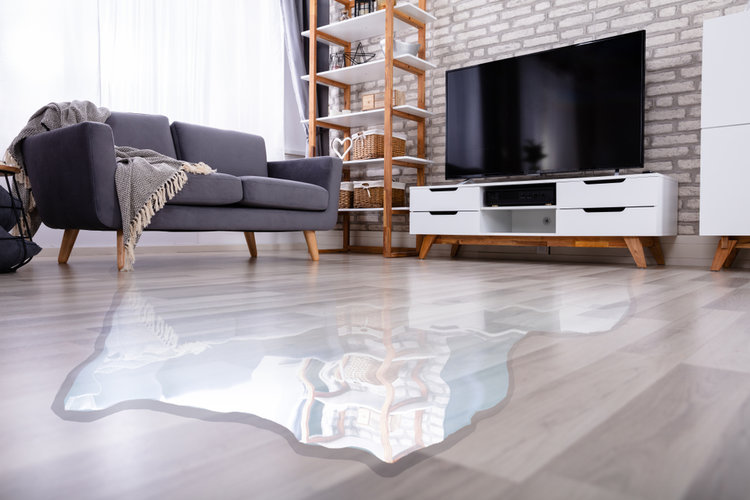 A wet living room with a TV