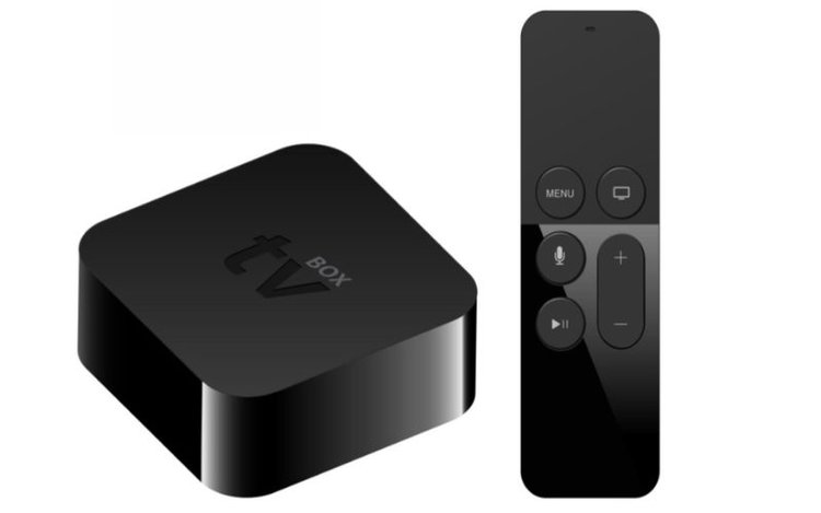 Apple TV box with a remote