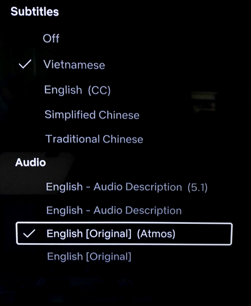 Atmos audio label in the Netflix media player