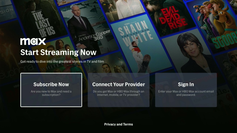 HBO Max sign-in screen
