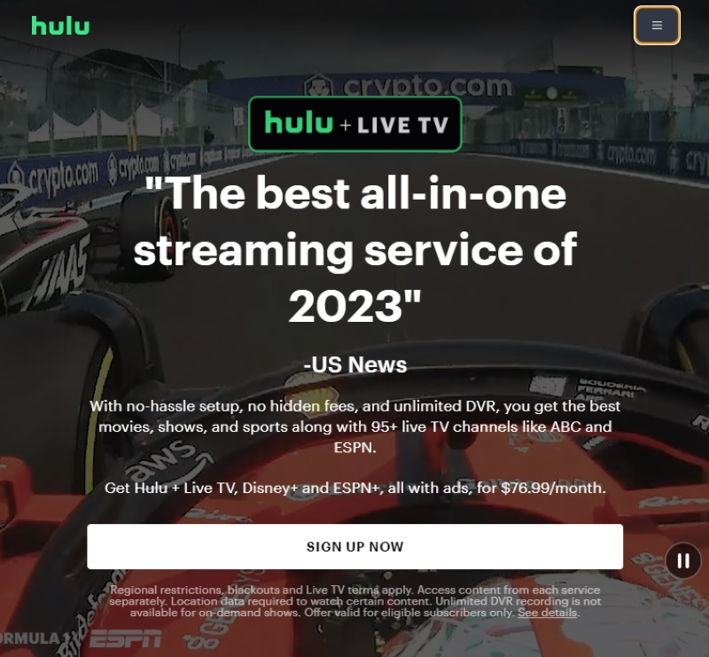 Hulu live TV sign-up now screen