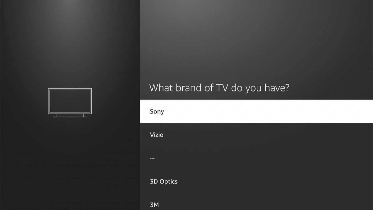 Sony TV in the list brand of TVs on the Fire Stick interface and highlighted with a white box