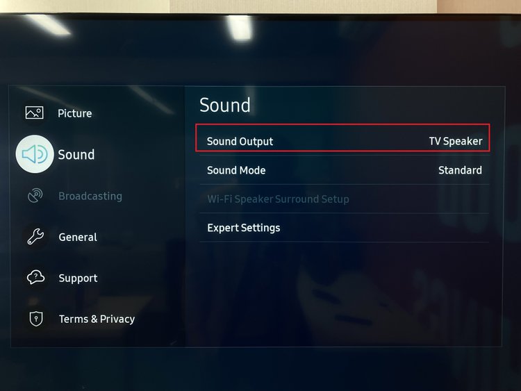 Sound settings menu on Samsung TV
