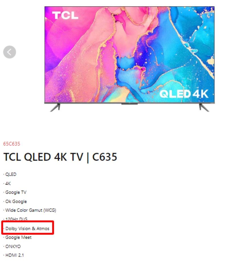 TCL C635 information indicating it supports Dolby Atmos
